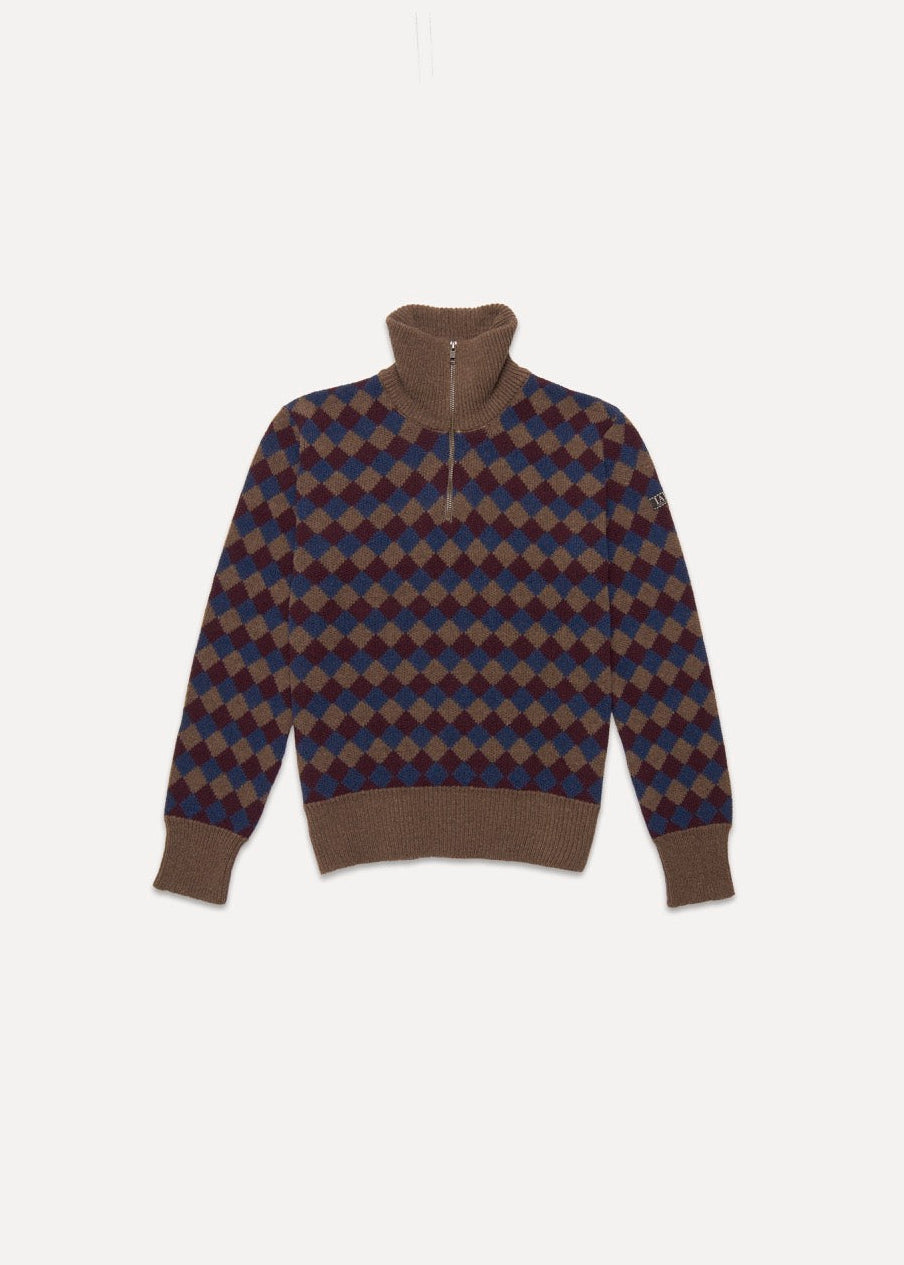 Jersey punto jacquard de rombos con cello crmallera. Modeo unisex.