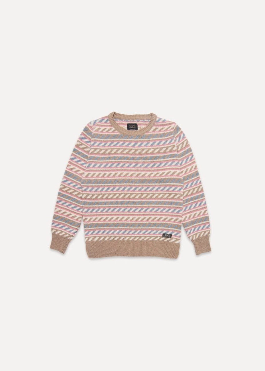 Jersey IAIOS de mujer en beige con detalles en rosa, azul y blanco, fotografía en plano (flat lay), hecho en Catalunya (España) con hilo reciclado.