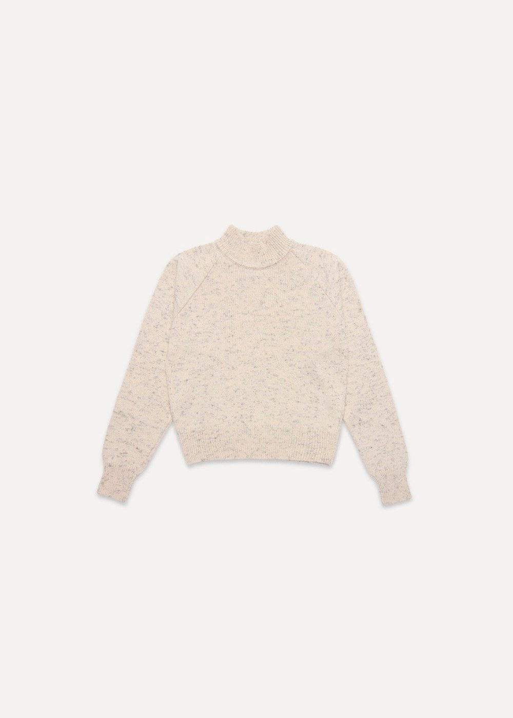 Jersey unisex IAIOS blanco jaspeado con cuello alto y textura suave, fotografía en plano (flat lay), hecho en Catalunya (España) con hilo reciclado.