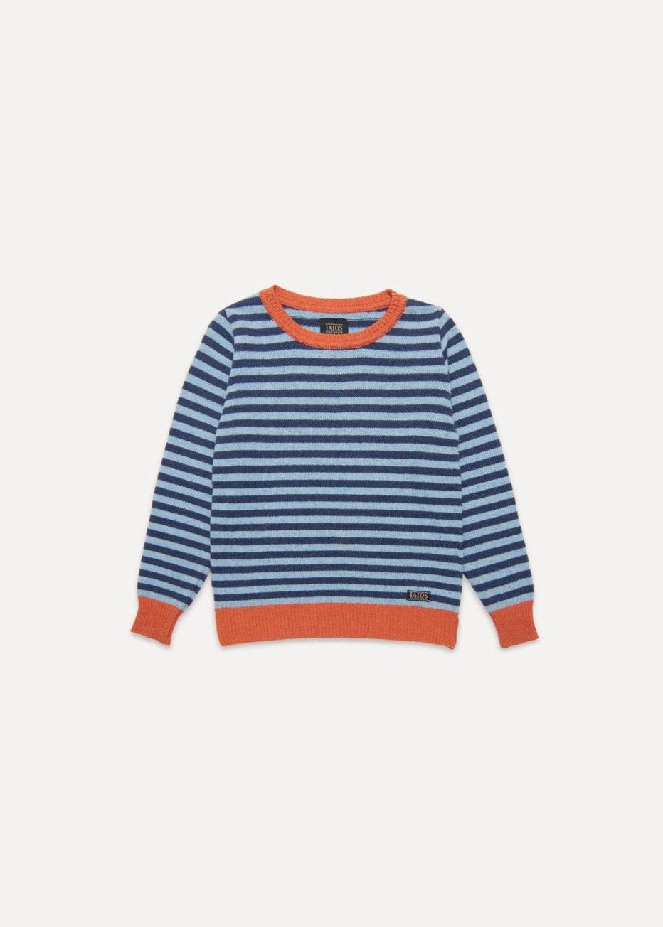 Jersey IAIOS unisex de rayas azul y naranja, moda sostenible, fotografía en plano (flat lay), hecho en Catalunya (España) con hilo reciclado.