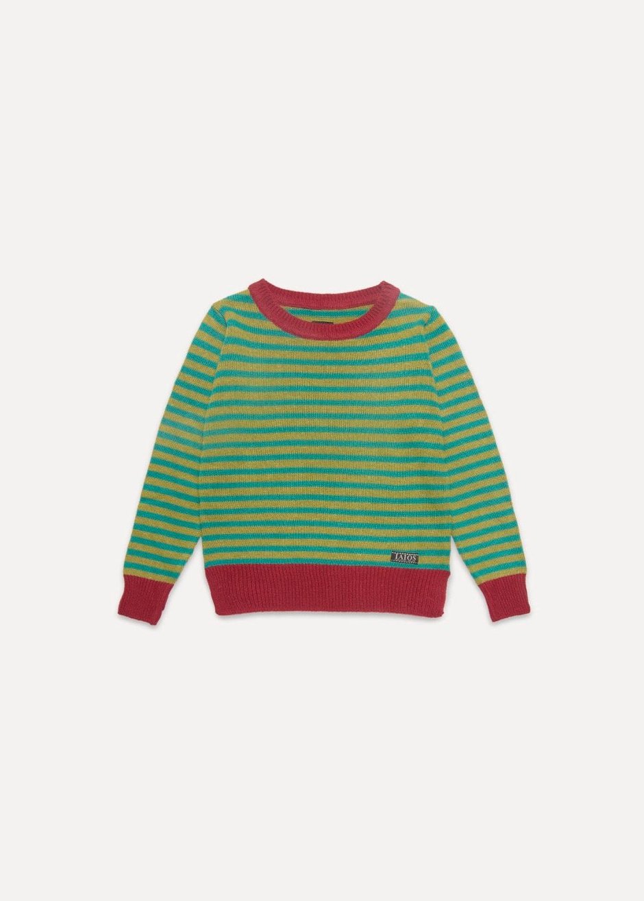 Jersey IAIOS unisex de rayas verde y rojo, moda sostenible, fotografía en plano (flat lay), hecho en Catalunya (España) con hilo reciclado.