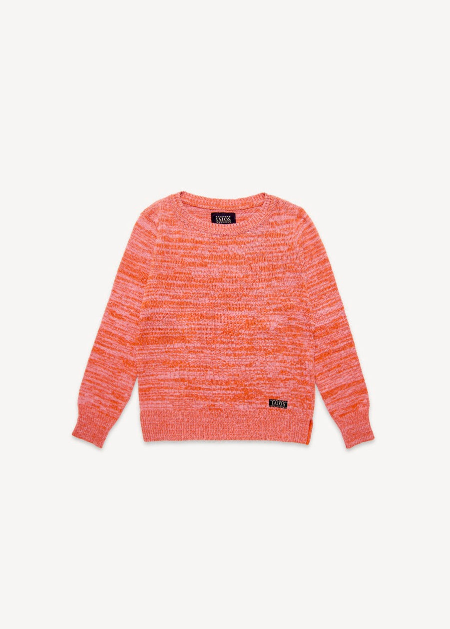 Jersey IAIOS salmón liso unisex, mezcla de hilos rosas y naranjas, moda sostenible, fotografía en plano (flat lay), hecho en Catalunya (España) con hilo reciclado.