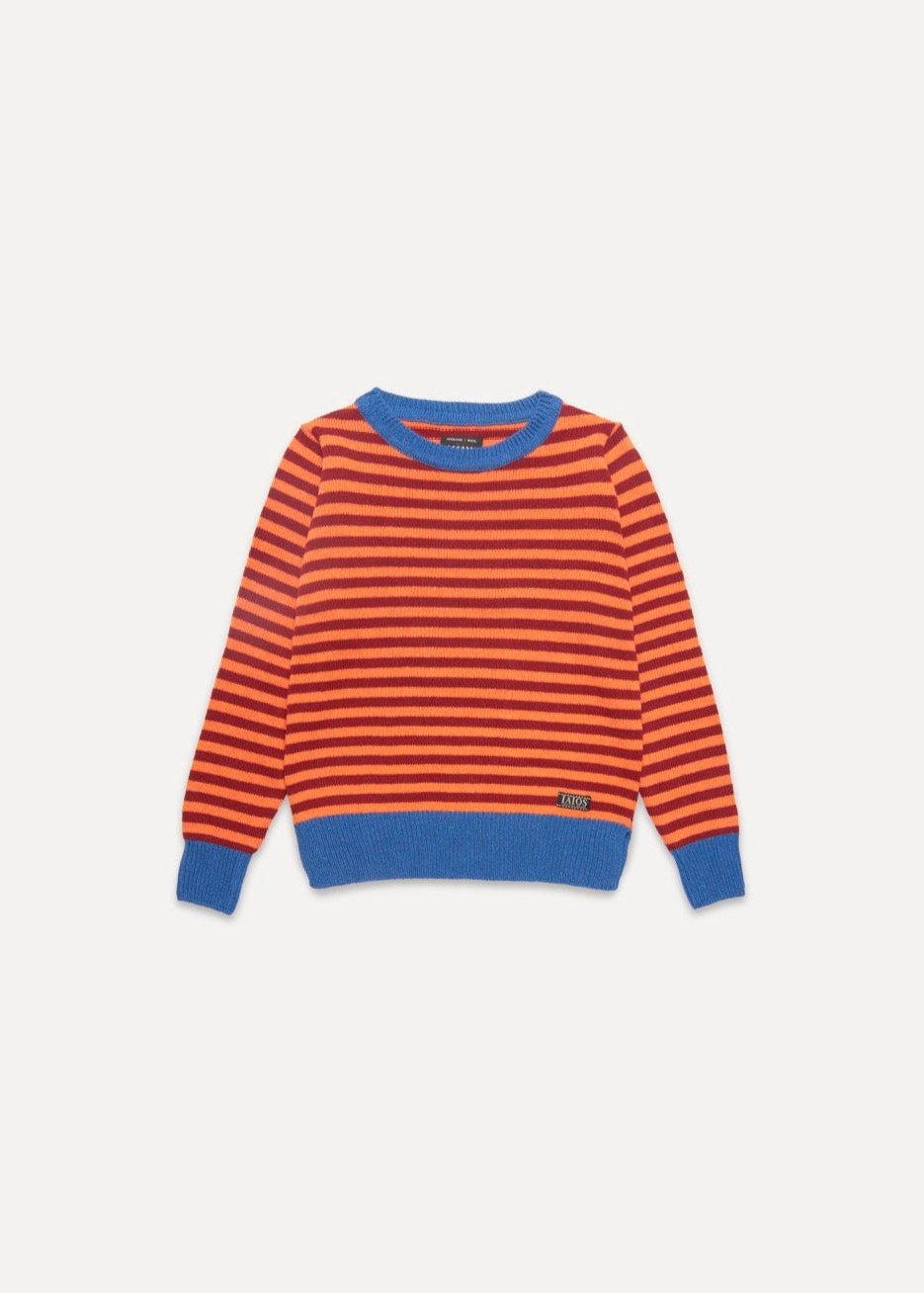 Jersey IAIOS Truth unisex de rayas naranja, rojo y azul, moda sostenible, fotografía en plano (flat lay), hecho en Catalunya (España) con hilo reciclado.