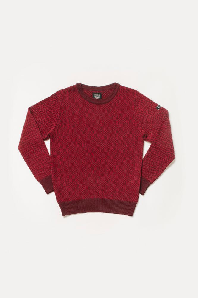 Jersey de punto de hombre o unisex. El diseño parece una celosia en color granate y rojo.