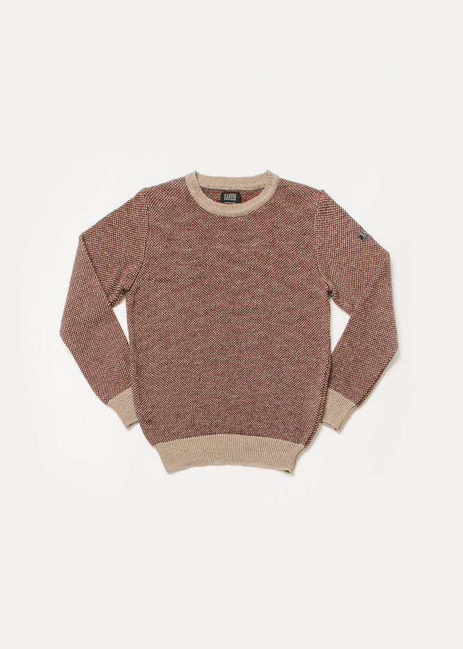 Jersey hombre o unisex de rojo y camel. El diseño es muy sencillo pero el tejido en grano de arroz le da un efecto muy bonito.