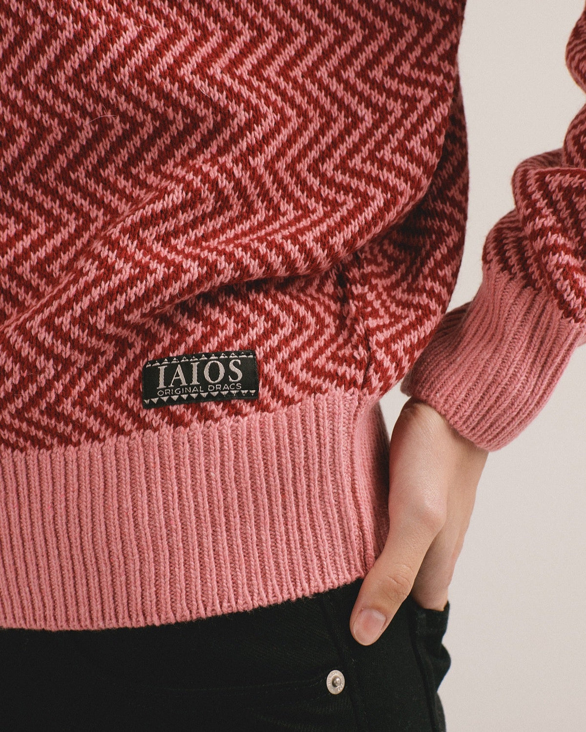 Detalle de la etiqueta del jersey de cuello alto rosa Pilarin de IAIOS