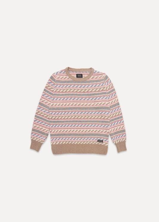 Jersey IAIOS de mujer en beige con detalles en rosa, azul y blanco, fotografía en plano (flat lay), hecho en Catalunya (España) con hilo reciclado.