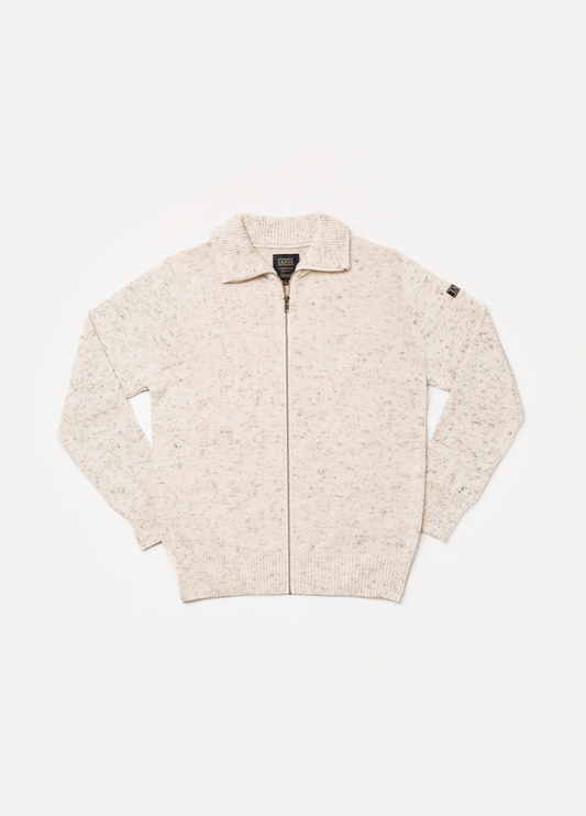 Jersey unisex IAIOS blanco jaspeado con cuello alto y cremallera completa, fotografía en plano (flat lay), hecho en Catalunya (España) con hilo reciclado.