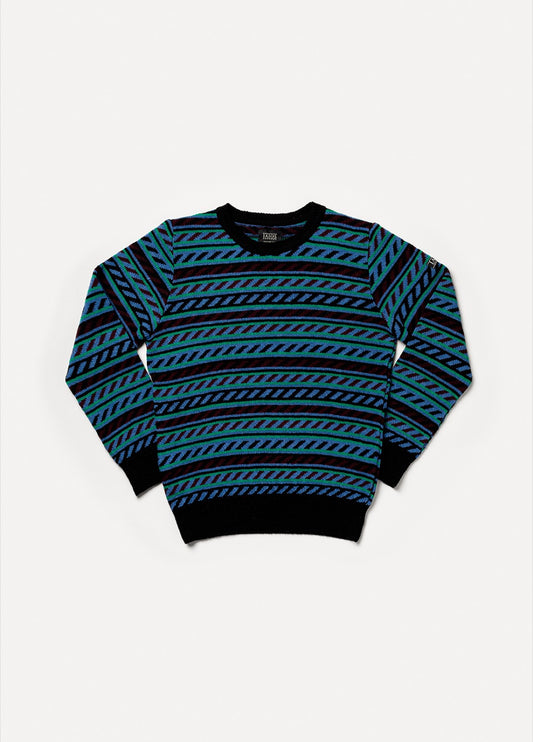 Jersey IAIOS unisex jacquard en azul, verde y negro, moda sostenible, fotografía en plano (flat lay), hecho en Catalunya (España) con hilo reciclado.
