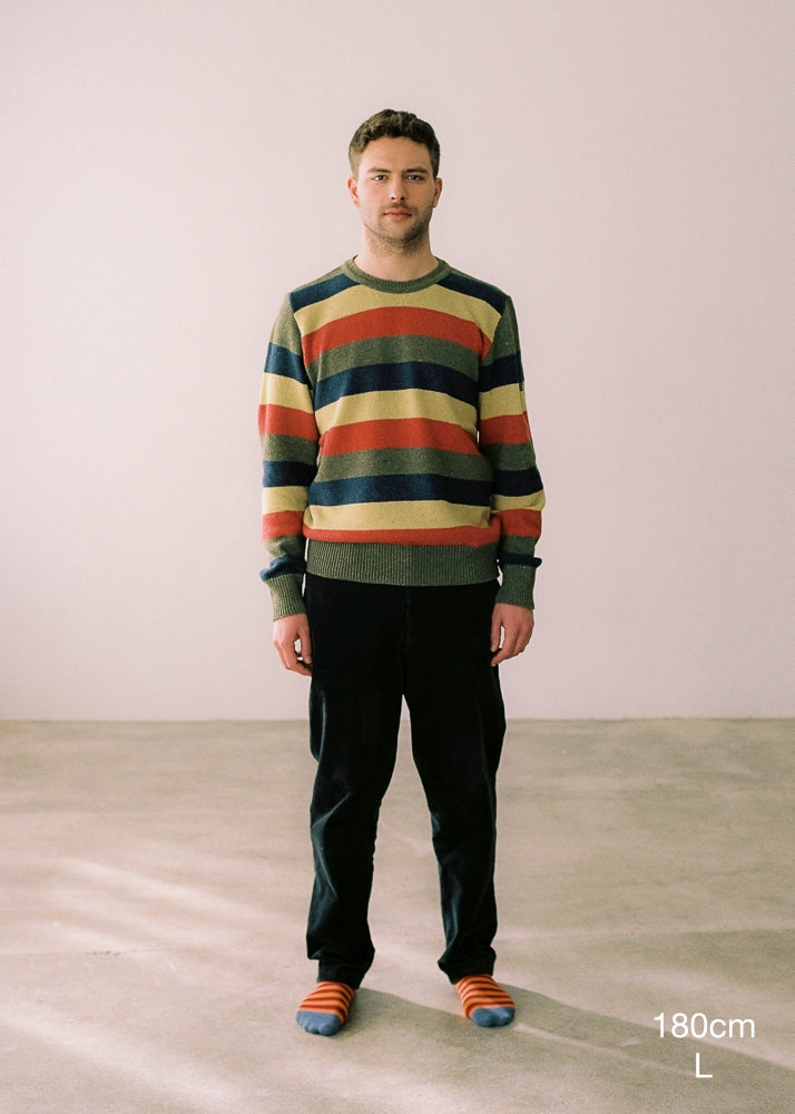 Fotografía de cuerpo entero en la que se detalla altura del modelo (180cm) y la talla de su jersey (L).