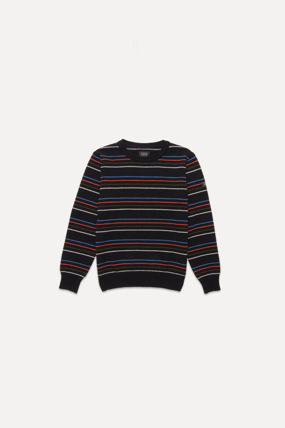 Jersey unisex negro de punto con rayas finas en colores vivos, fotografía en plano (flat lay), elaborado en Catalunya con hilo reciclado.