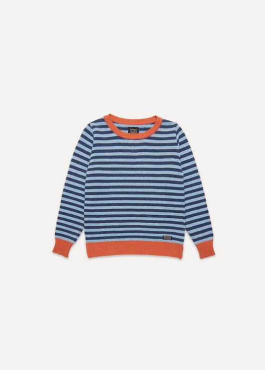 Jersey IAIOS unisex de rayas azul y naranja, moda sostenible, fotografía en plano (flat lay), hecho en Catalunya (España) con hilo reciclado.