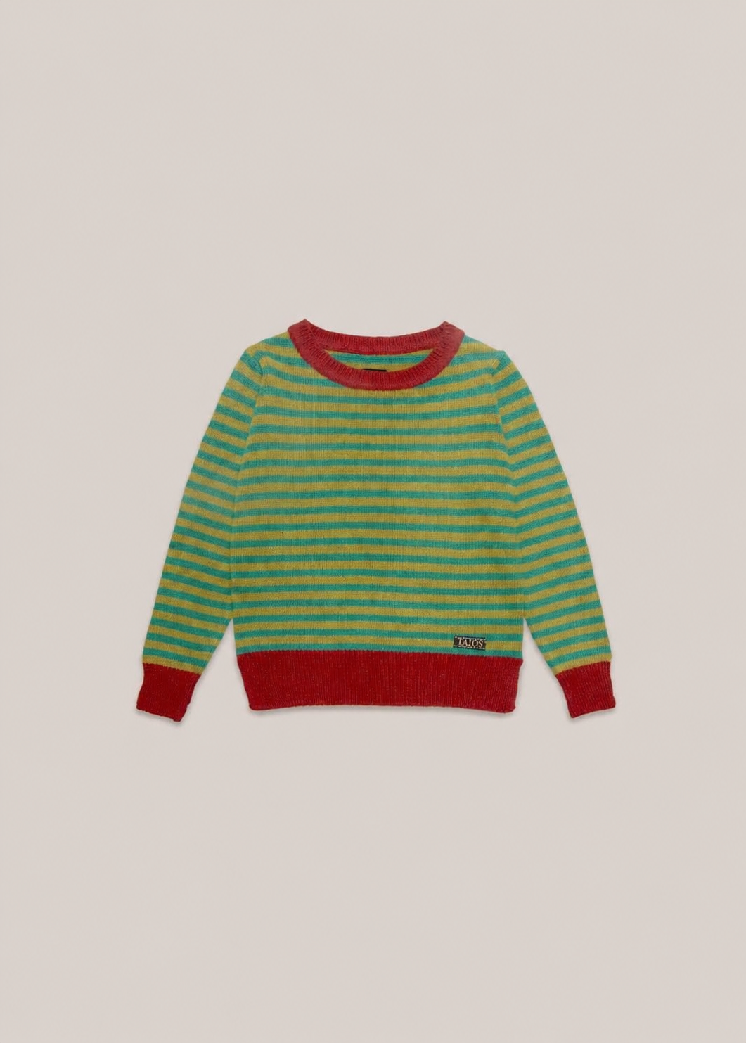Jersey IAIOS unisex de rayas verde y rojo, moda sostenible, fotografía en plano (flat lay), hecho en Catalunya (España) con hilo reciclado.