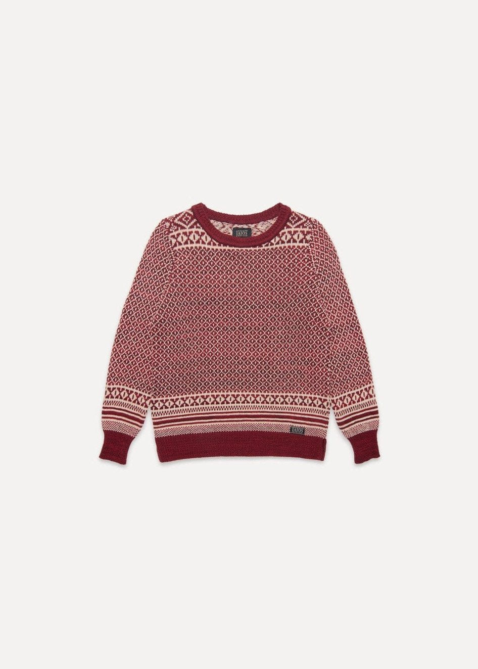 Jersey IAIOS de mujer en rojo y blanco con jacquard navideño, moda sostenible, fotografía en plano (flat lay), hecho en Catalunya (España) con hilo reciclado.