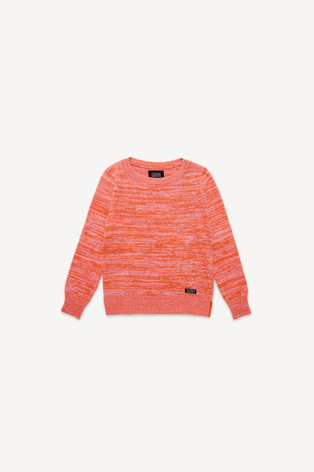 Jersey IAIOS salmón liso unisex, mezcla de hilos rosas y naranjas, moda sostenible, fotografía en plano (flat lay), hecho en Catalunya (España) con hilo reciclado.