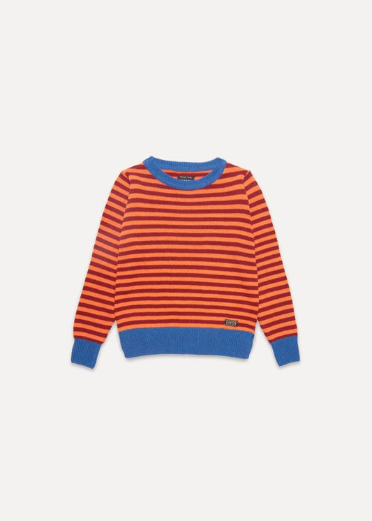 Jersey IAIOS Truth unisex de rayas naranja, rojo y azul, moda sostenible, fotografía en plano (flat lay), hecho en Catalunya (España) con hilo reciclado.