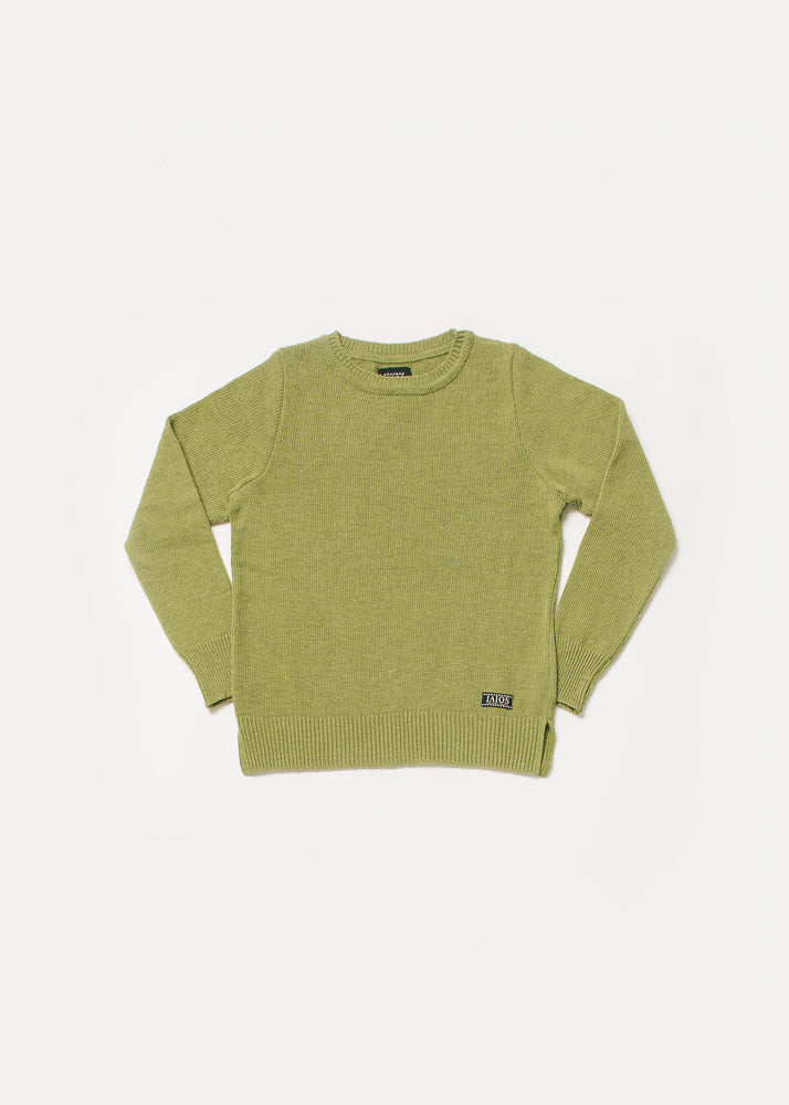 Jersey IAIOS verde claro de mujer, patrón básico y recto, moda sostenible, fotografía en plano (flat lay), hecho en Catalunya (España) con hilo reciclado.