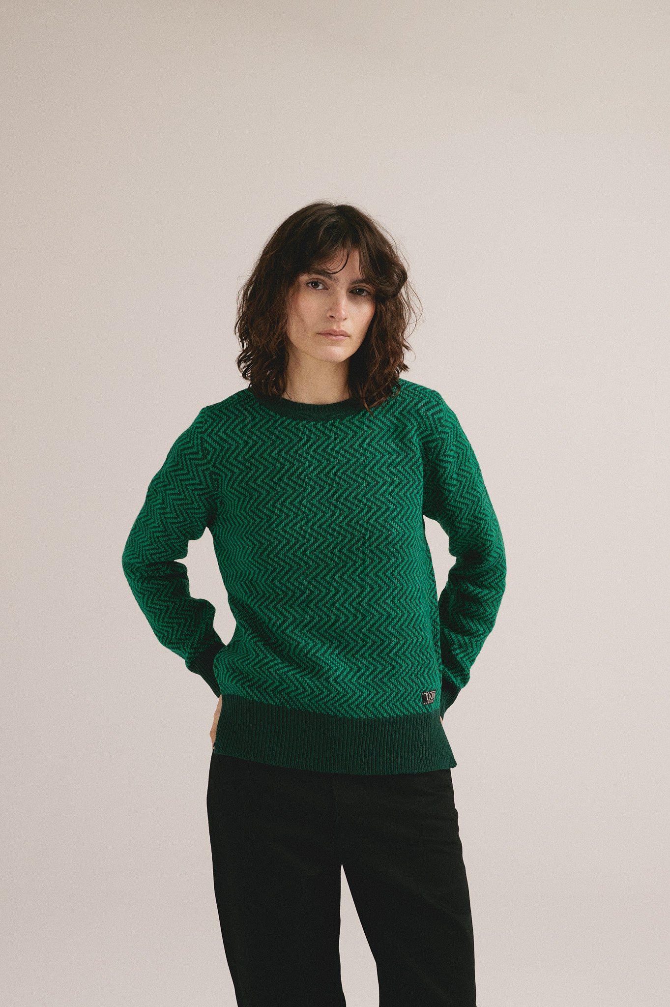 Modelo femenina con suéter de punto verde con diseño en zigzag y manga larga de IAIOS.