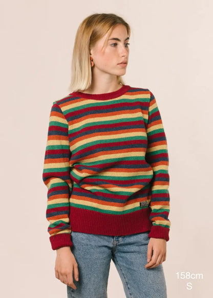 Half-length photograph detailing the height of the model (158cm) and the size of the sweater (S).