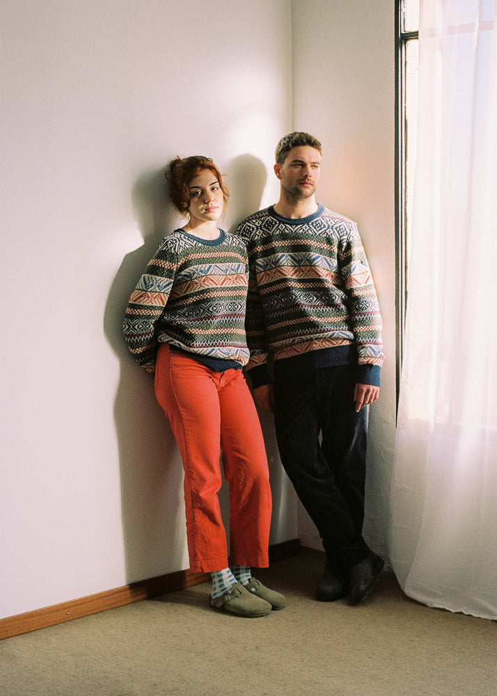 Full body photograph with two models, a man and a woman wearing the same model of sweater.