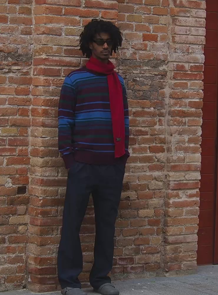 Video del modelo que lleva el jersey unisex IAIOS de rayas en tonos azul, verde y burdeos, con cuello redondo y ajuste regular, hecho en Catalunya (España) con hilo reciclado.