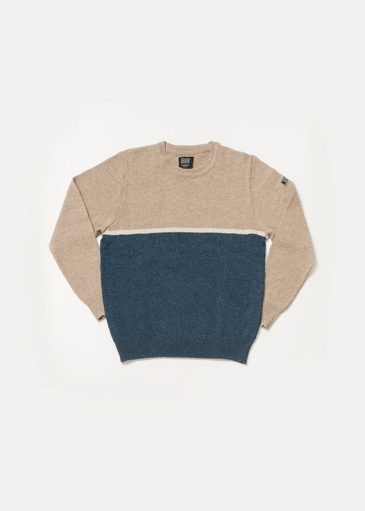 Men's or unisex knitted sweater in which the upper half is light brown and the lower half is blue. Both stripes are separated by a beige line. 