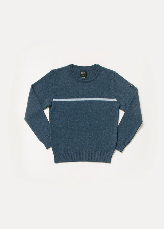 Men's or unisex navy blue or denim sweater with a light blue horizontal stripe.