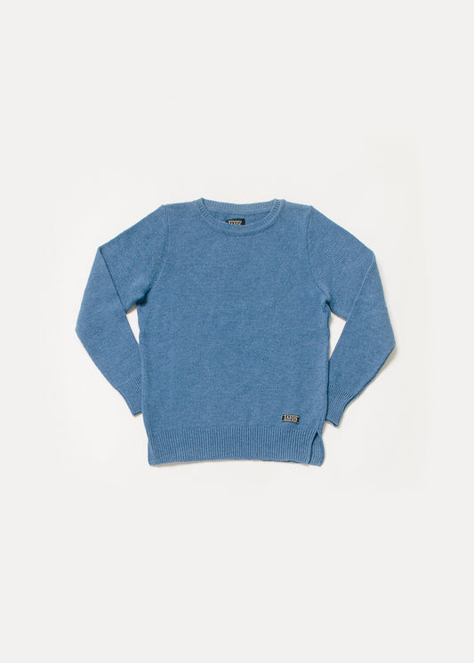 Women's or unisex indigo blue sweater. The plain sweater is one of the best sellers due to its simplicity.