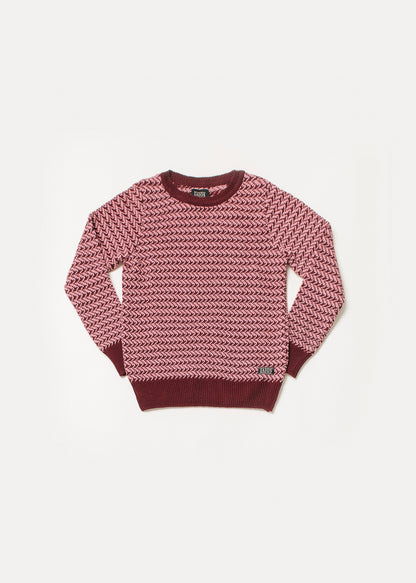 Pullover with a herringbone pattern in pink and maroon.