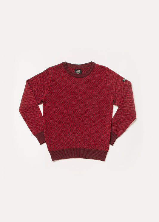 Men's or unisex knitted sweater. The design looks like a lattice in maroon and red.