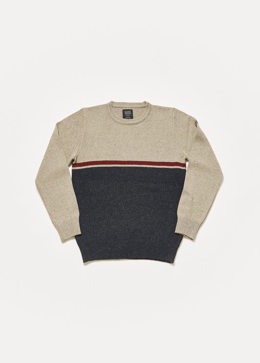 Jersey de punto de hombre o unisex. La mitad superior del jersey es de color marron claro y la inferior negra. Una linea de color granate separa ambas franjas.
