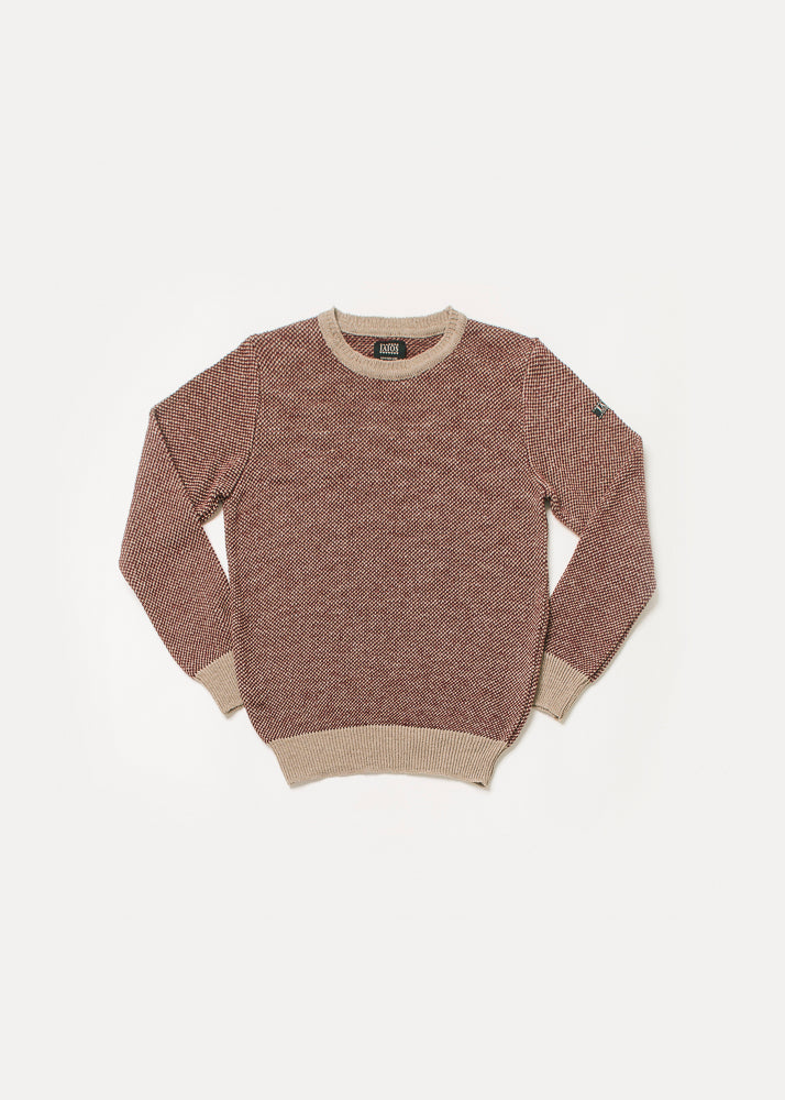 Jersey hombre o unisex de rojo y camel. El diseño es muy sencillo pero el tejido en grano de arroz le da un efecto muy bonito.