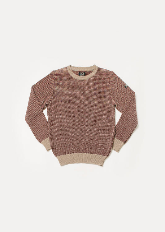 Jersey hombre o unisex de rojo y camel. El diseño es muy sencillo pero el tejido en grano de arroz le da un efecto muy bonito.
