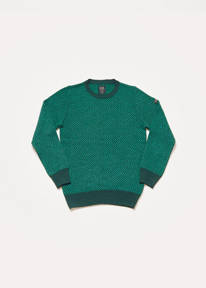 Men's or unisex green knitted sweater. The design is very simple and consists of a zigzag in fine lines of bottle green and dark green. 