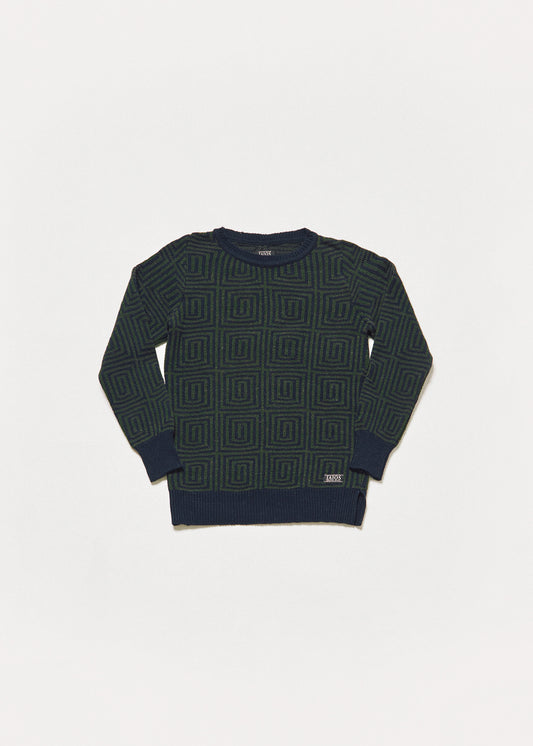 Women's or unisex sweater in green and dark blue. The design in square spirals.