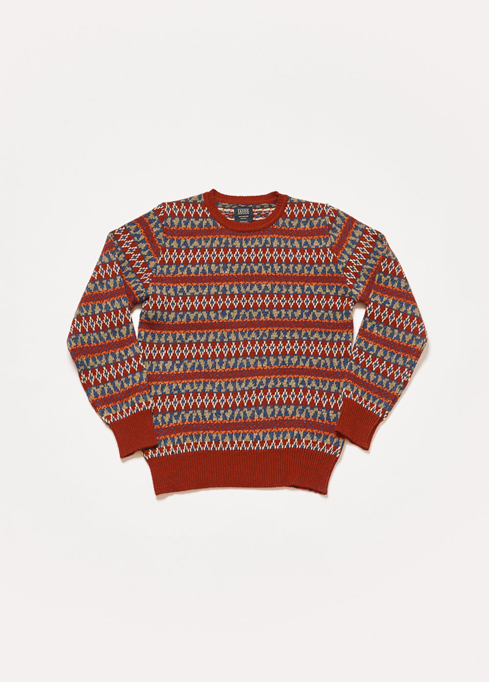 Jersey de punto de hombre o unisex de tonos rojos y verdes. Es un jacquard de 5 colores por lo que se consigue un resultado de jersey navideño. 