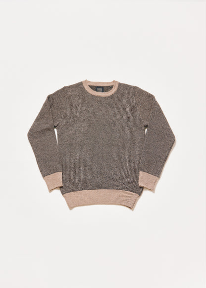 Men's or unisex black and marrcamel sweater. The design is very simple but the rice grain fabric gives it a very nice effect.