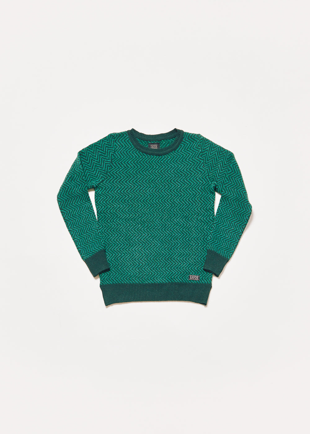 Women's or unisex green knitted sweater. The design is very simple and consists of a zigzag in fine lines of bottle green and dark green.