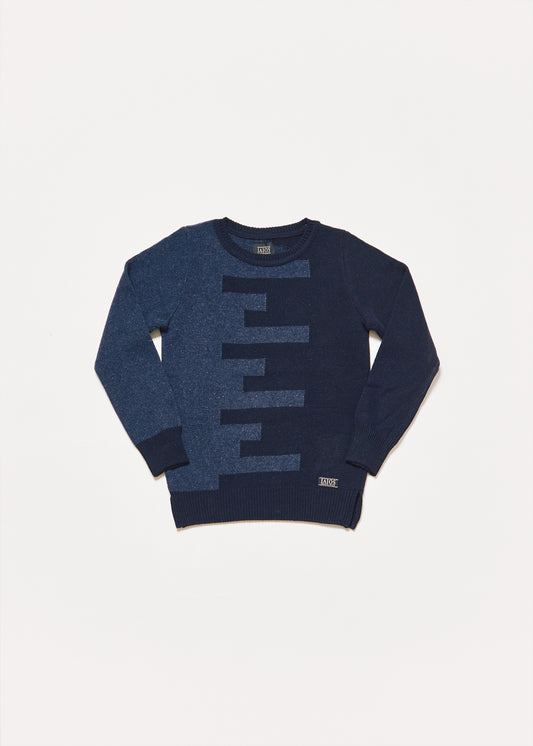 Women's or unisex knitted sweater in navy blue and dark blue. The sweater is navy blue on the right side and dark blue on the left. Both are joined in the center in the form of a weft.
