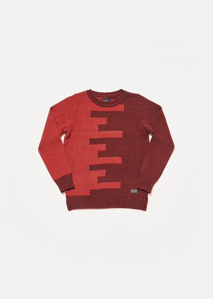 Women's or unisex knitted sweater in red and maroon. The sweater is red on the right side and maroon on the left. Both are joined in the center in the form of a weft.