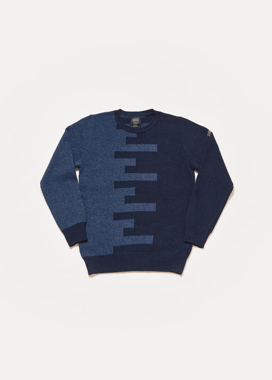 Men's or unisex knitted sweater in navy blue and dark blue. The sweater is navy blue on the right side and dark blue on the left. Both are joined in the center in the form of a weft.
