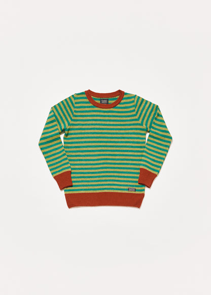 Women's or unisex knitted sweater with bottle green and pistachio green stripes and red ribbing and collar.