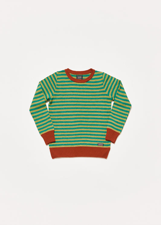 Women's or unisex knitted sweater with bottle green and pistachio green stripes and red ribbing and collar.