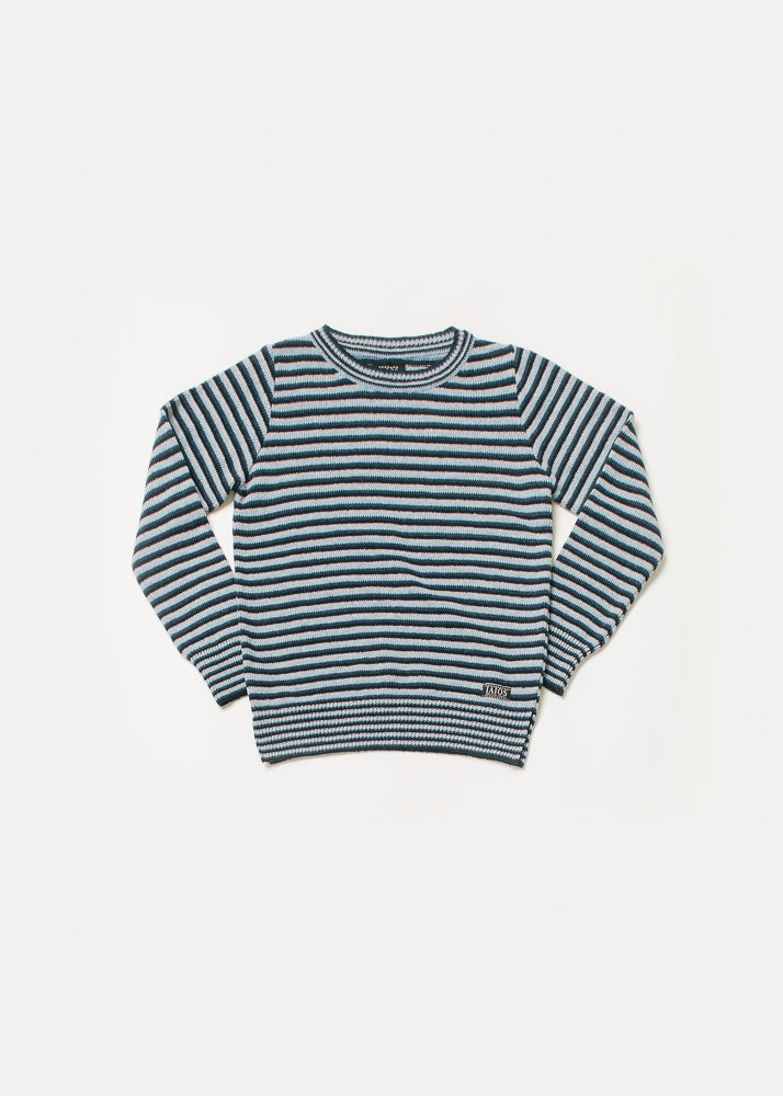 Jersey de punto de mujer o unisex de rallas color azul oscuro, azul claro y gris claro. Es un diseño muy sencillo, rallas muy finas de colores fríos. 