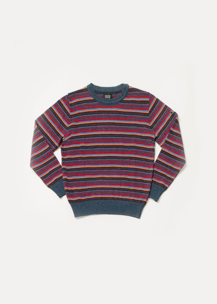Men's or unisex sweater with blue, orange, red and maroon stripes. The collar and cuffs are blue