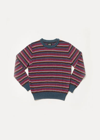 Men's or unisex sweater with blue, orange, red and maroon stripes. The collar and cuffs are blue