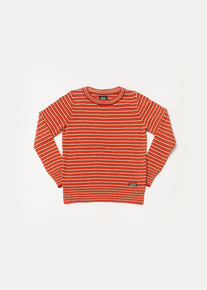 Jersey de punto de mujer o unisex de rayas naranjas, rojas y amarillas. Es un diseño muy sencillo, rallas muy finas de colores cálidos.