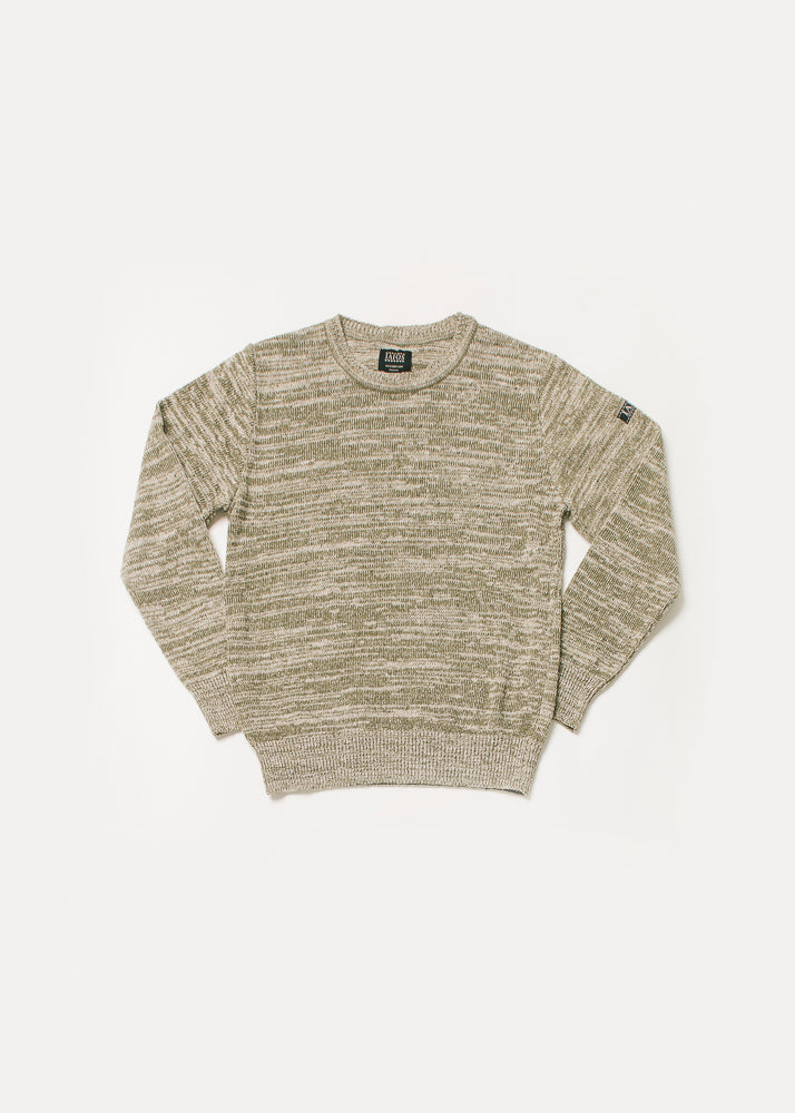Jersey de hombre o unisex color verde caqui con textura de torzal. El torzal es una técnica que torsiona dos hilos de diferentes colores en uno y que al tejerse hace un efecto jaspeado muy bonito.