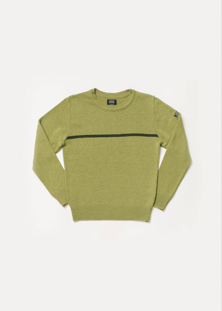 Jersey de hombre o unisex color verde pistacho con una raya horizontal de color verde oscuro.
