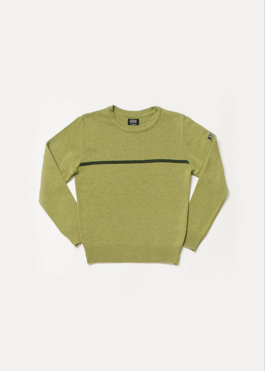 Men's or unisex pistachio green sweater with a dark green horizontal stripe.